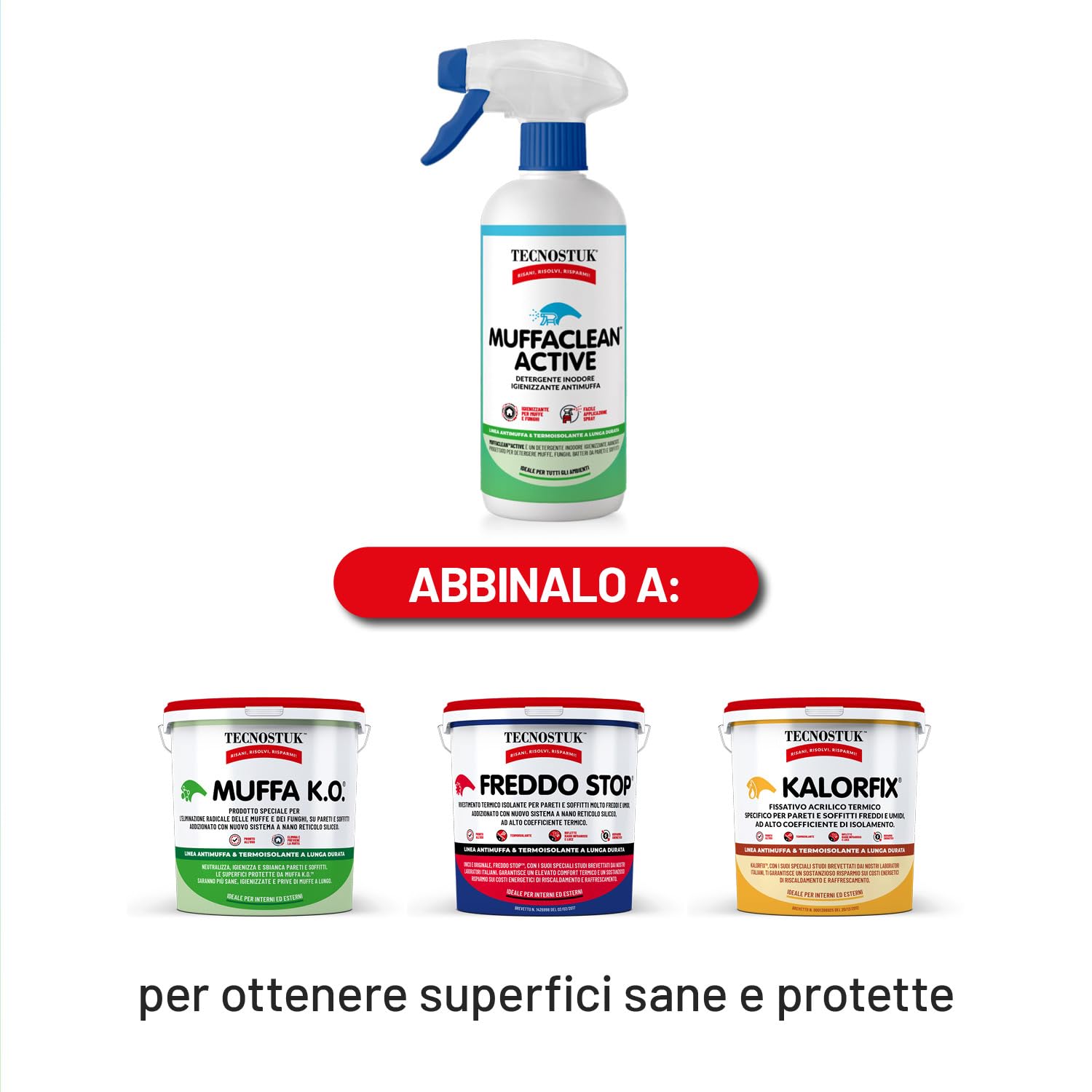 TECNOSTUK MuffaClean Active 1L. – Detergente Igienizzante Inodore ad Azione Rapida per Muffe e Funghi – Spray Professionale per Pareti e Soffitti Interni