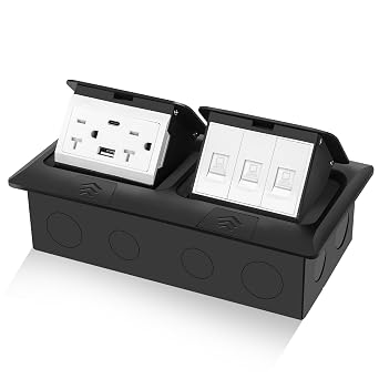 USB Pop Up Floor Socket Kit with 2 * 20A Receptacle 4.8A 1 USB-A Ports &1 USB-C Port 3-Port RJ45 Datacom Receptacle Corrosive Resistant Hardware,Black