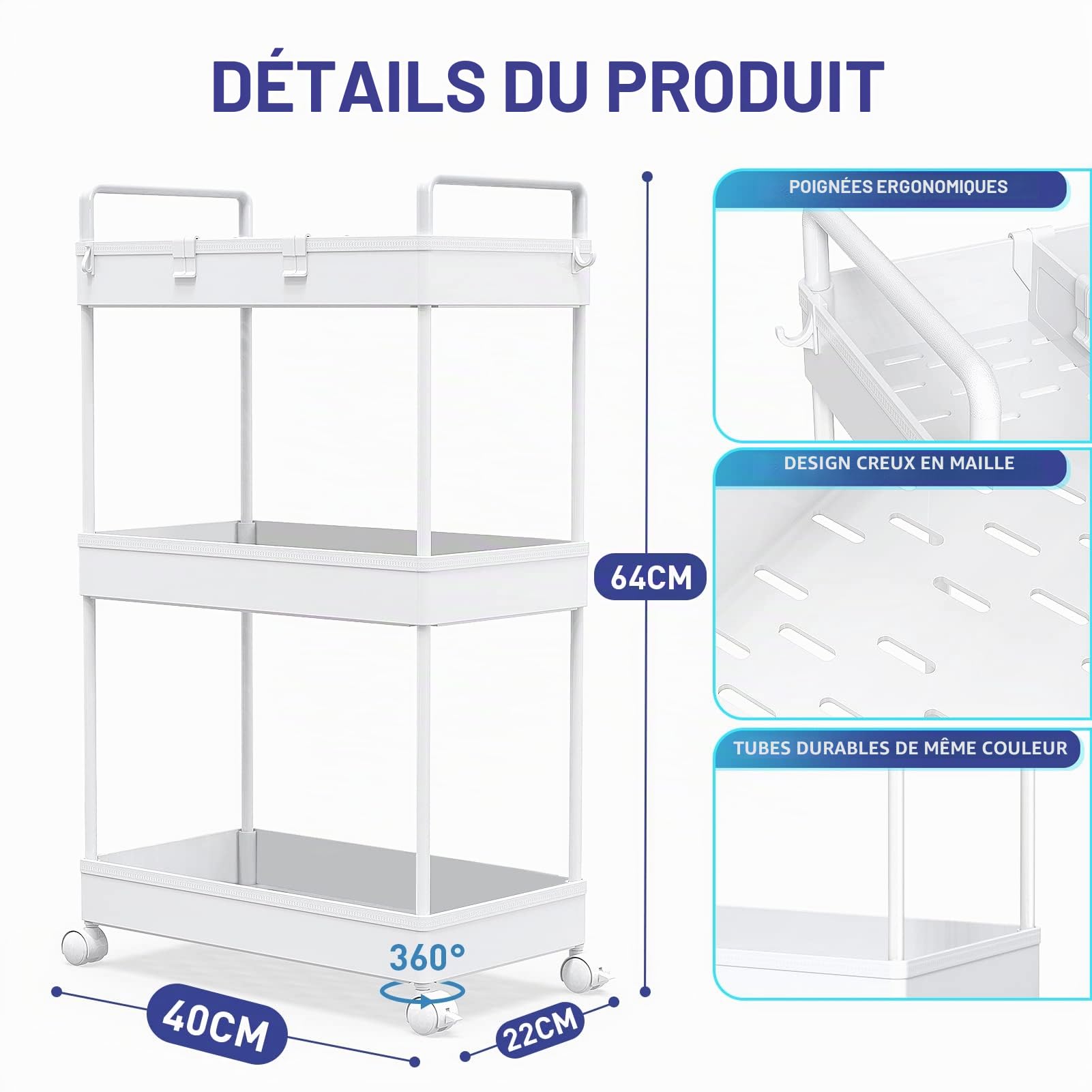 Ronlap Chariot de Rangement Fin à 3 Niveaux avec poignée de Suspension et séparateurs pour Bureau, Salle de Bain, Cuisine, buanderie, espaces étroits, Blanc