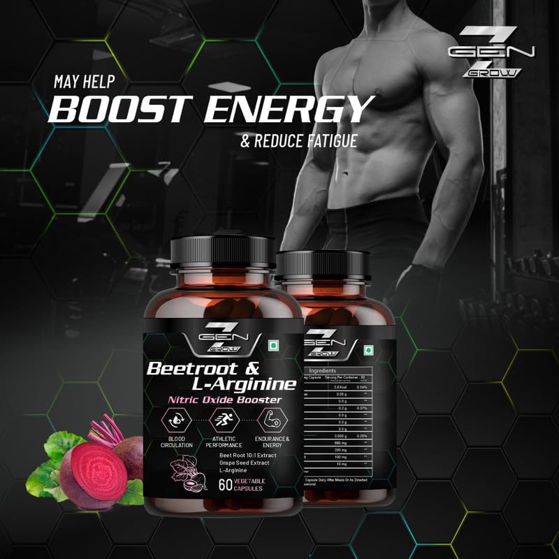 GenZ grow Beetroot and L-Arginine Capsules, Helps Support Nitric Oxide Production, Blood Pressure, Heart Health, Contains Non-GMO Beetroot Powder, Grape Seed Extract (60 Caps, Pack of 1) 3