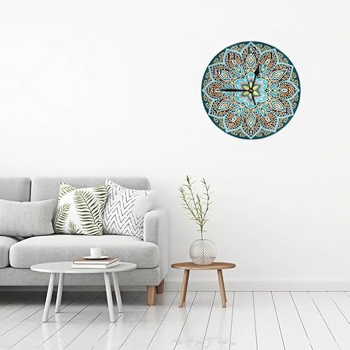 Miniatura 7 de Reloj de pared floral de mandala redondo de 10 pulgadas, funciona con pilas, estilo étnico en colores turquesa, amarillo y marrón, sin marco,