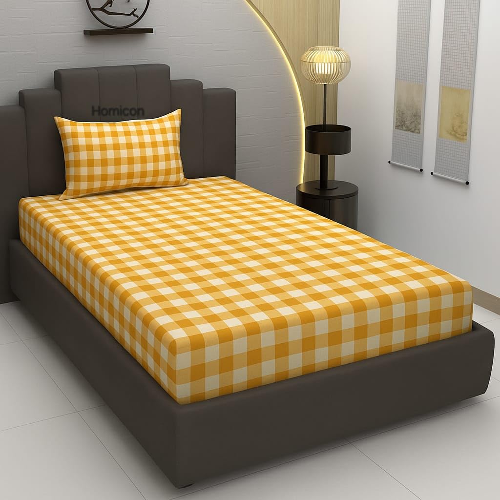 Pure Cotton Checked Printed Single Bed Sheet (60x90 Inches) with 1 Pillow Cover (18x28 Inches) | Supersoft | Wrinkle Free | 220 TC, Yellow-image-13