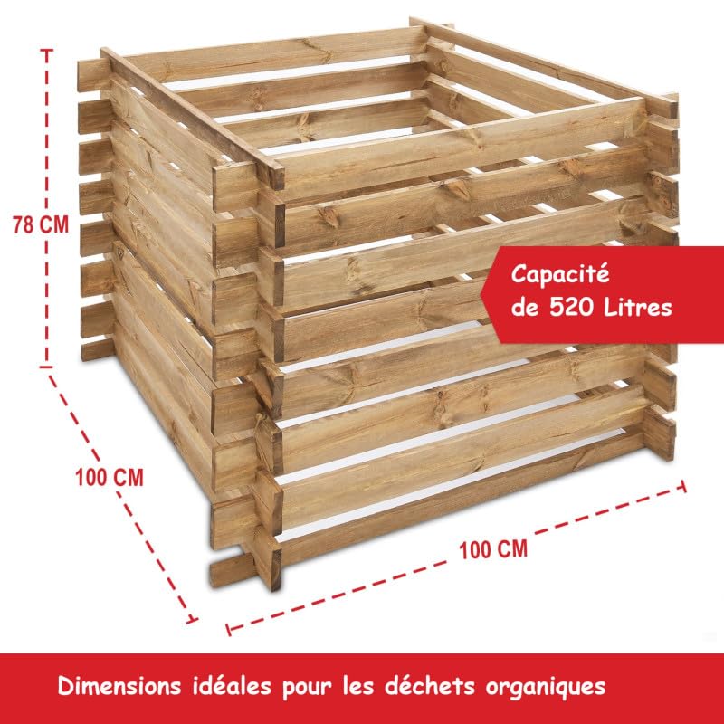 Composteur en Bois 100x100x78cm Robuste et Stable 520L