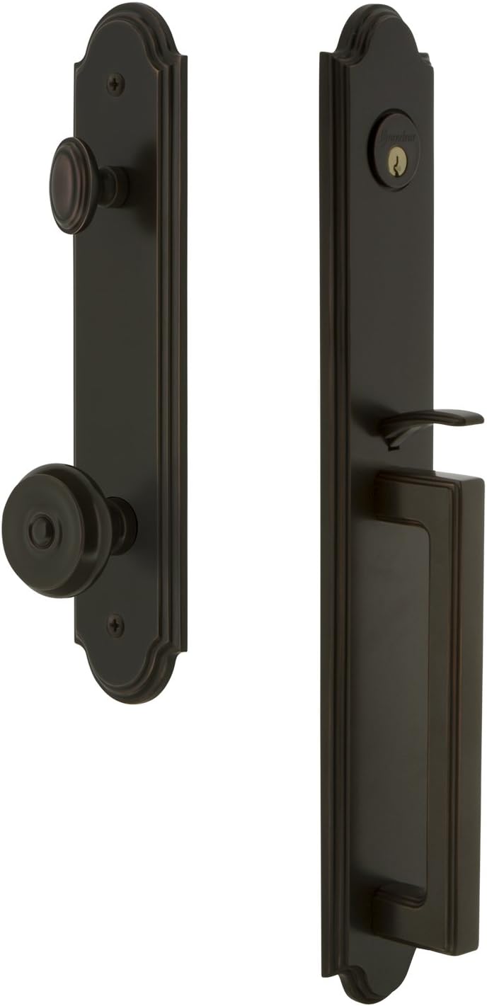 Grandeur 843691 Hardware Arc One-Piece Handleset with D Grip and Bouton Knob in Timeless Bronze, Backset Size-2.375", Single Cylinder Lock