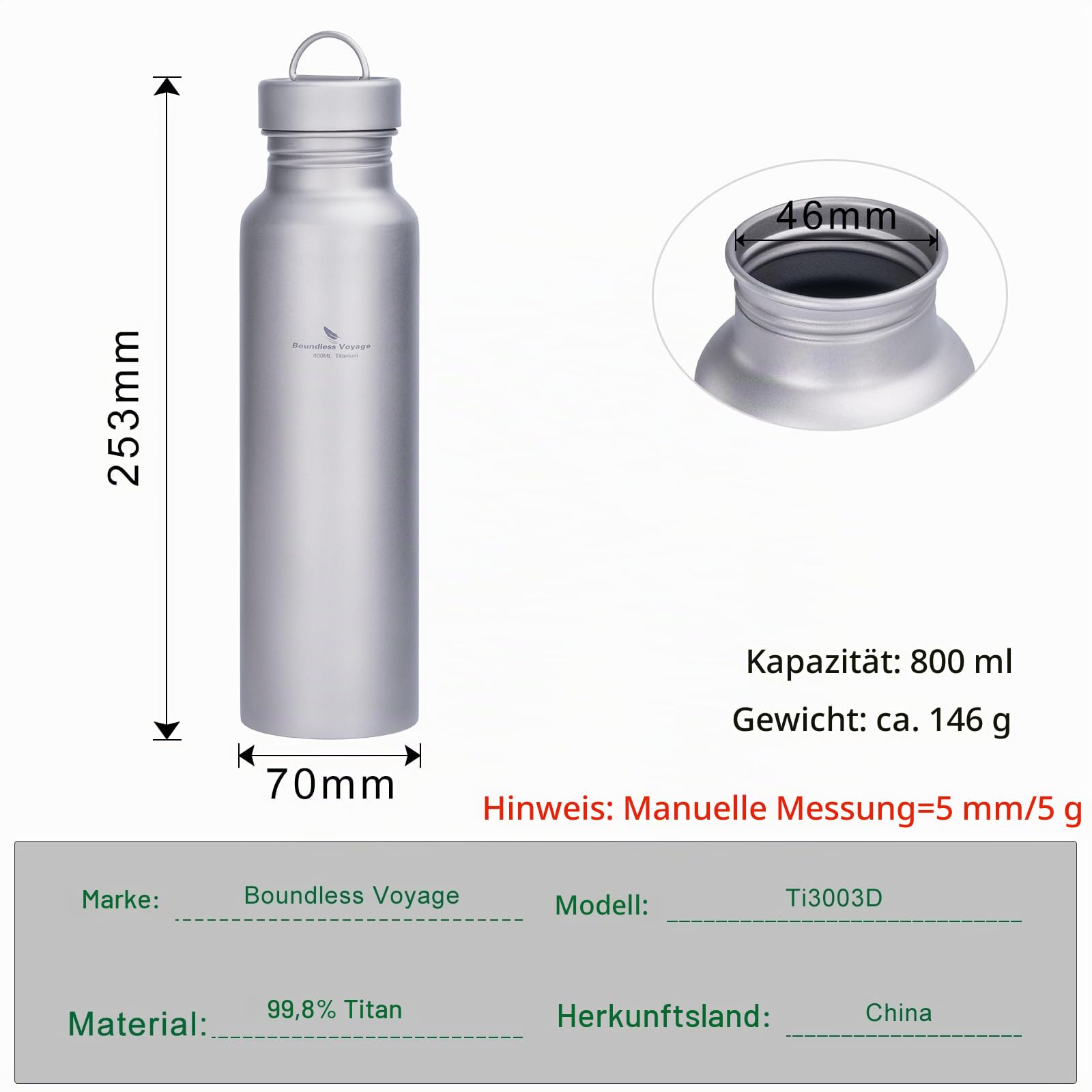 Boundless Voyage 800ml Titan Sportflasche mit Titandeckel Outdoor Cycling Wandern Titanflasche