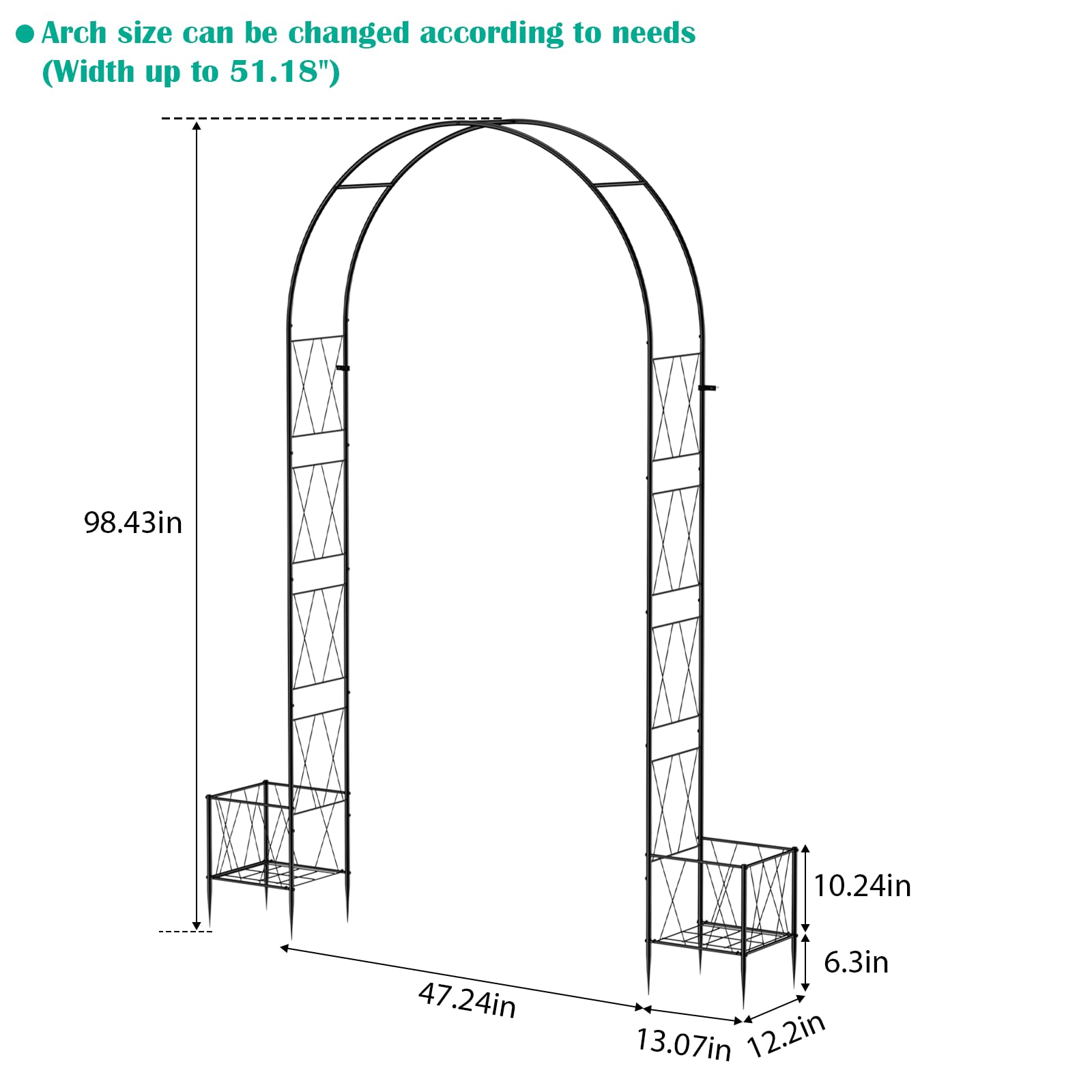 Condition photo showing As Is for garden arch arbor trellis with planter boxes 8.2 ft metal arch trellis for climbing plants outdoor, wedding arches backdrop stand for ceremony, halloween, christmas, decorations pergola, black