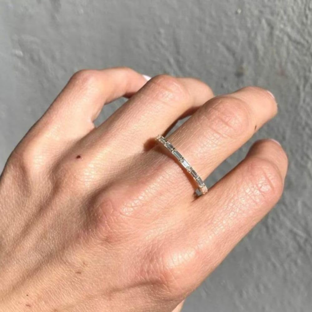 SILVERIST Full Eternity East West Set Matching Band Baguette Diamond Wedding Band For Women 14K Yellow Gold Plated Bezel Set Band 925 Sterling Silver Handmade Promise Band Birthday Gift