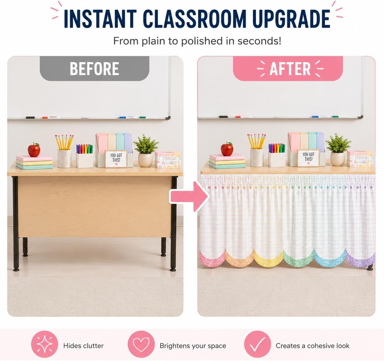 Cinrobiye Teacher Desk Skirt 14 FT x 30 Inch,Classroom Desk Decoration for Teachers, Fits Rectangle, Round & Kidney Shaped Tables, Back to School Classroom Setup, Teacher Station Decor(Pastel2)