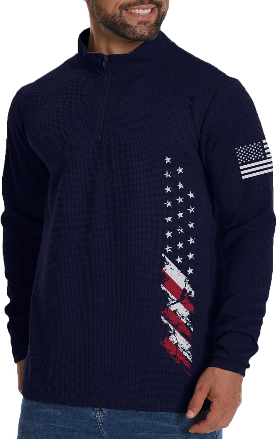 H HYFOL Mens Sweatshirt Waffle American Flag USA Patriotic Graphic Quarter Zip Stand Collar Casual Pullover - Image 4