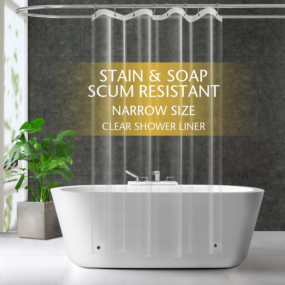 ZEMAHOME Narrow Size Clear Plastic Shower Curtain Liner, 48x72 Inch Thin Lightweight Transparent Plastic Bathroom Shower Showroom Inner Curtain with Rustproof Metal Grommet Holes and Weighted Magnets