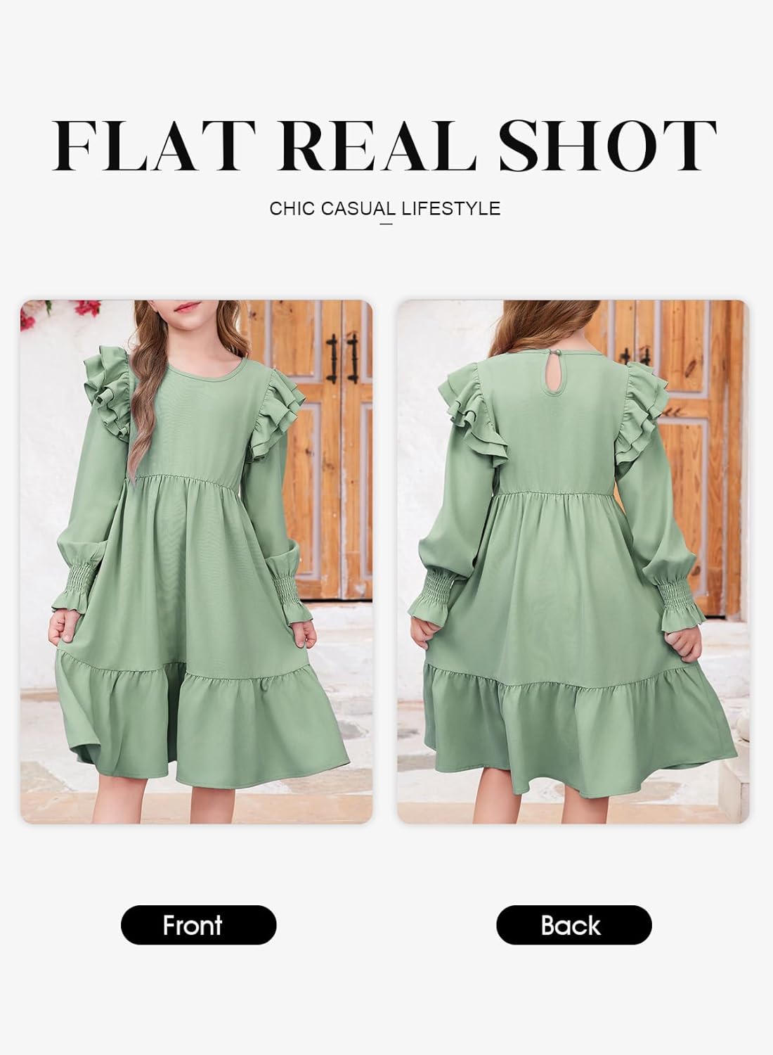 blibean Teen Girls Dress Kids Double Ruffle Long Sleeve Smocked Dresses Size 6-15 Years - Image 4