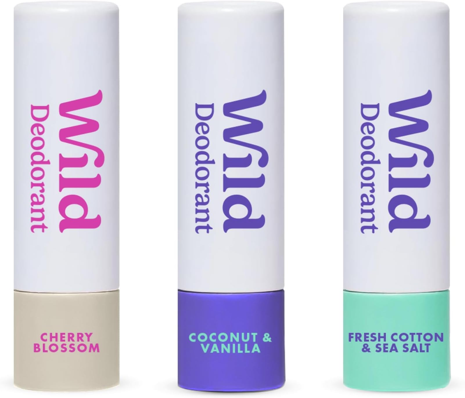 Wild Pack of 3 Aluminum Free Mini Deodorants in Fresh Cotton & Sea Salt, Coconut & Vanilla, Cherry Blossom Scents - 98% Natural Origin Ingredients - Small Size for Vacation & Travel - Plastic Free