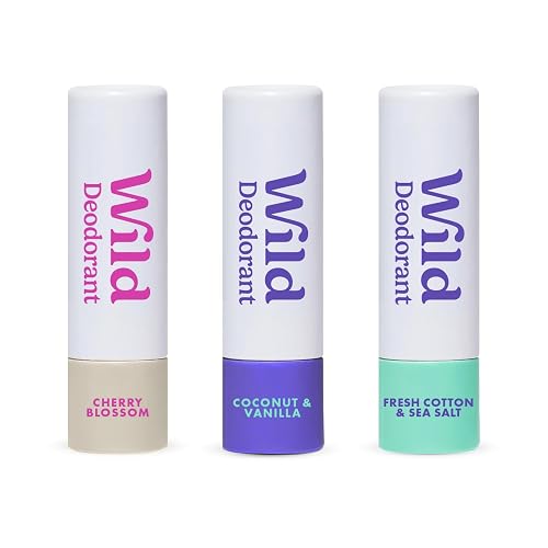 Wild Pack of 3 Aluminum Free Mini Deodorants in Fresh Cotton & Sea Salt, Coconut & Vanilla, Cherry Blossom Scents - 98% Natural Origin Ingredients - Small Size for Vacation & Travel - Plastic Free
