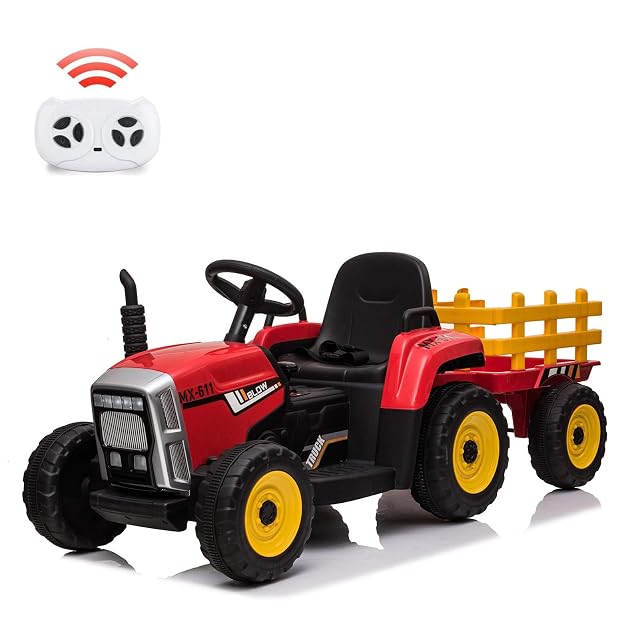 Garvee Tractor Electrico para Niños con Mando 2.4g, Remolque Desmontable,3 Velocidades Ajustable, LED, Música