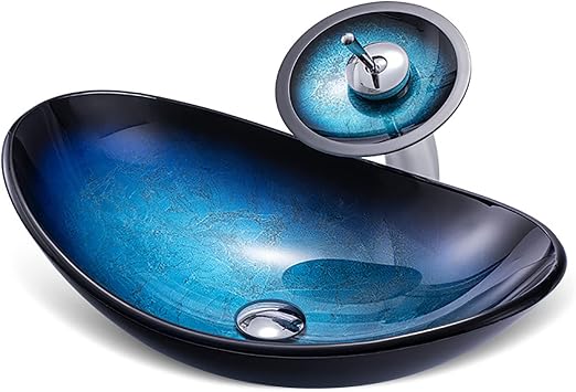 Bathroom Vessel Sink Tempered Glass Washroom Above Counter Artistic Bowl Basin Vanity Sink with Waterfall Faucet Set And Pop Up Drain Set,Dark blue