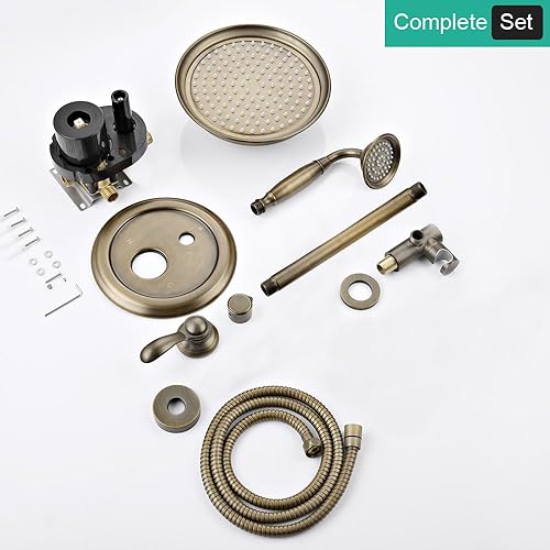 Vista 33 de Juego completo de grifos de ducha antiguos: sistema de ducha de lluvia de montaje en techo, cabezal de lluvia de 9 pulgadas y rociador de mano