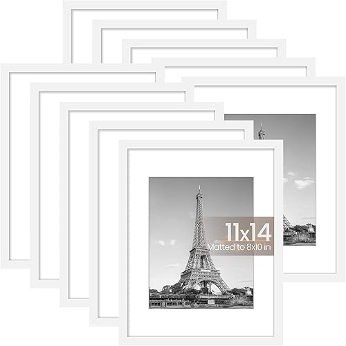 upsimples 11x14 Picture Frame Set of 10, Display Pictures 8x10 with Mat or 11x14 Without Mat, Multi Photo Frames Collage for Wall Display, White