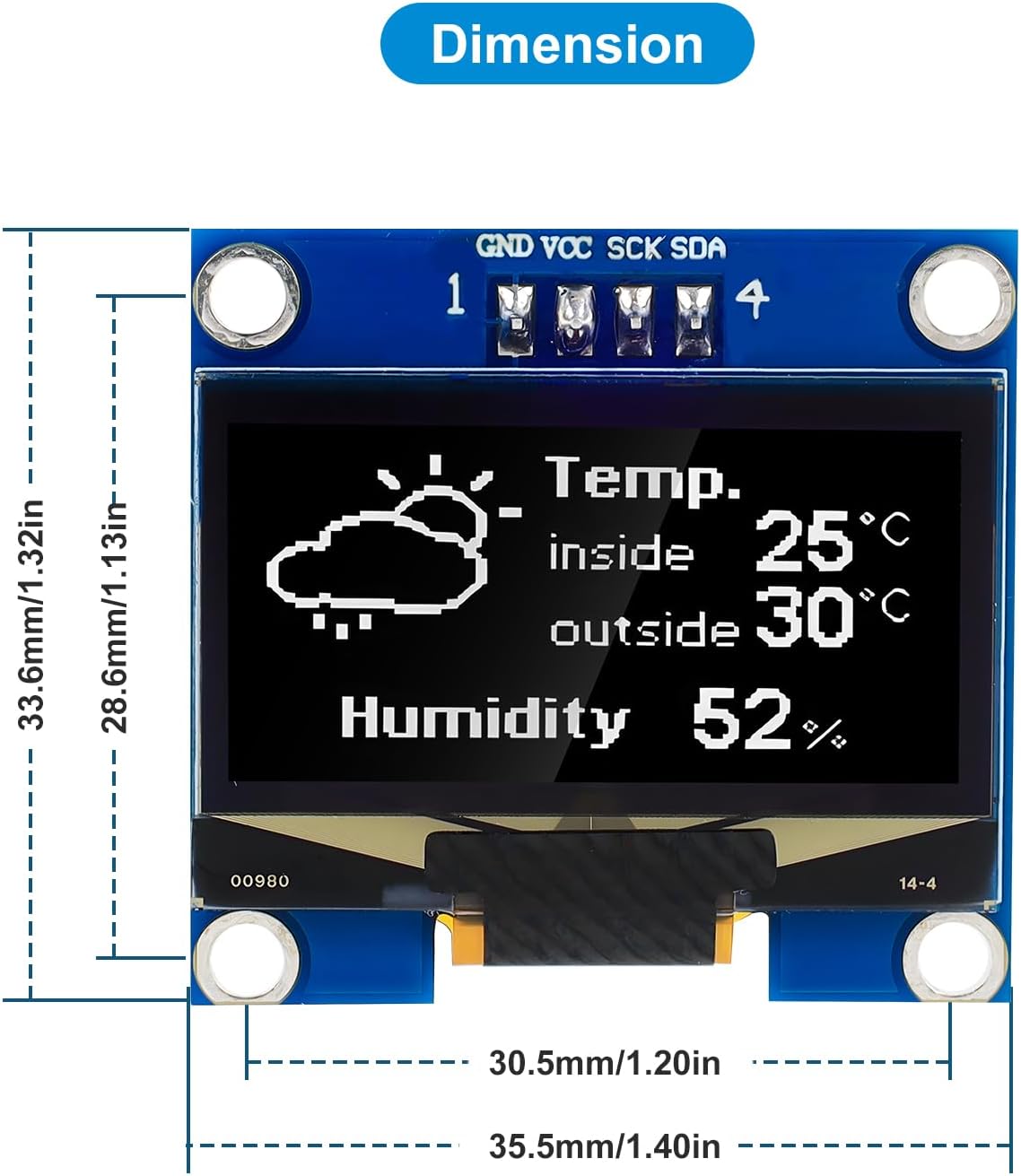 Detailed dimensions of the 1.3 inch OLED display module