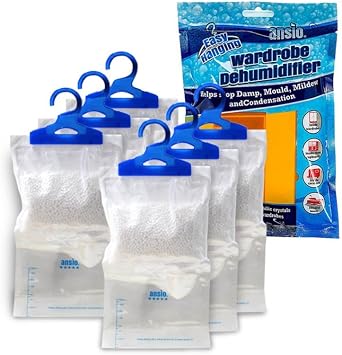 ANSIO  Wardrobe Dehumidifier Disposable Hanging Bags Pack of 6 Room Moisture Absorber Condensation Remover for Damp, Mould in Home, Bathroom, Window, House, Kitchen, Bedroom Interior Traps