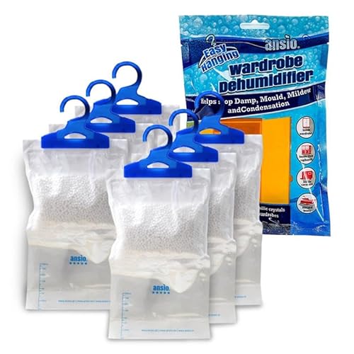 ANSIO Kleiderschrank- Luftentfeuchter, Hängebeutel, 6 Stück, Falle, Kondensations- Luftentfeuchter für Feuchtigkeit, Schimmel, Schlafzimmer, Wohnwagen, Badezimmer, Keller, Büro- je 210 g