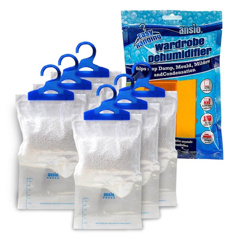 ANSIO Wardrobe Dehumidifier Disposable Hanging Bags Pack of 6 Room Moisture Absorber Condensation Remover for Damp Mould in Home Bathroom Window House Kitchen Bedroom Interior Traps