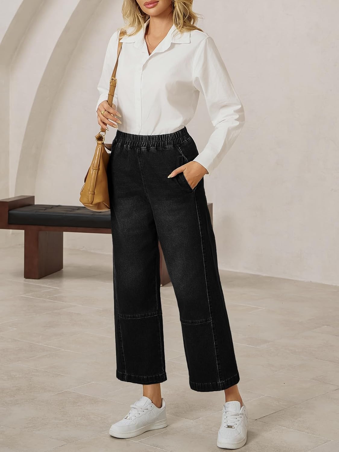 Cicy Bell Womens Baggy Cropped Jeans Elastic High Waisted Wide Leg Trendy Stretchy Seam Barrel Capri Denim Pants - Image 5