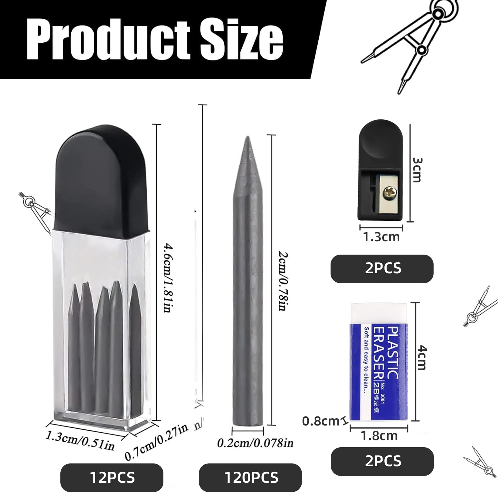 Sacapuntas Para Minas De Compas ZEFAN 120 Recambio Minas De Repuesto Para Compás 2B, Minas De Repuesto De 2 Mm, Minas De Repuesto De 2 Cm Con 2 Rodillos Guía, 2 Gomas