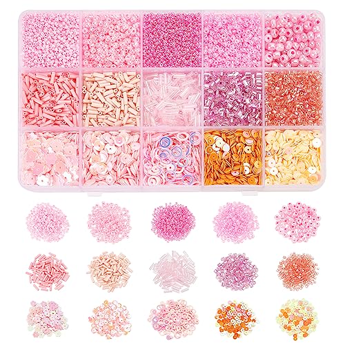 NBEADS Bugle Round Glass Seed Beads DIY Beads Disc Plastic Paillette for Jewelry Making Necklace Bracelet Craft DIY Kit Deep Pink Mixed Size