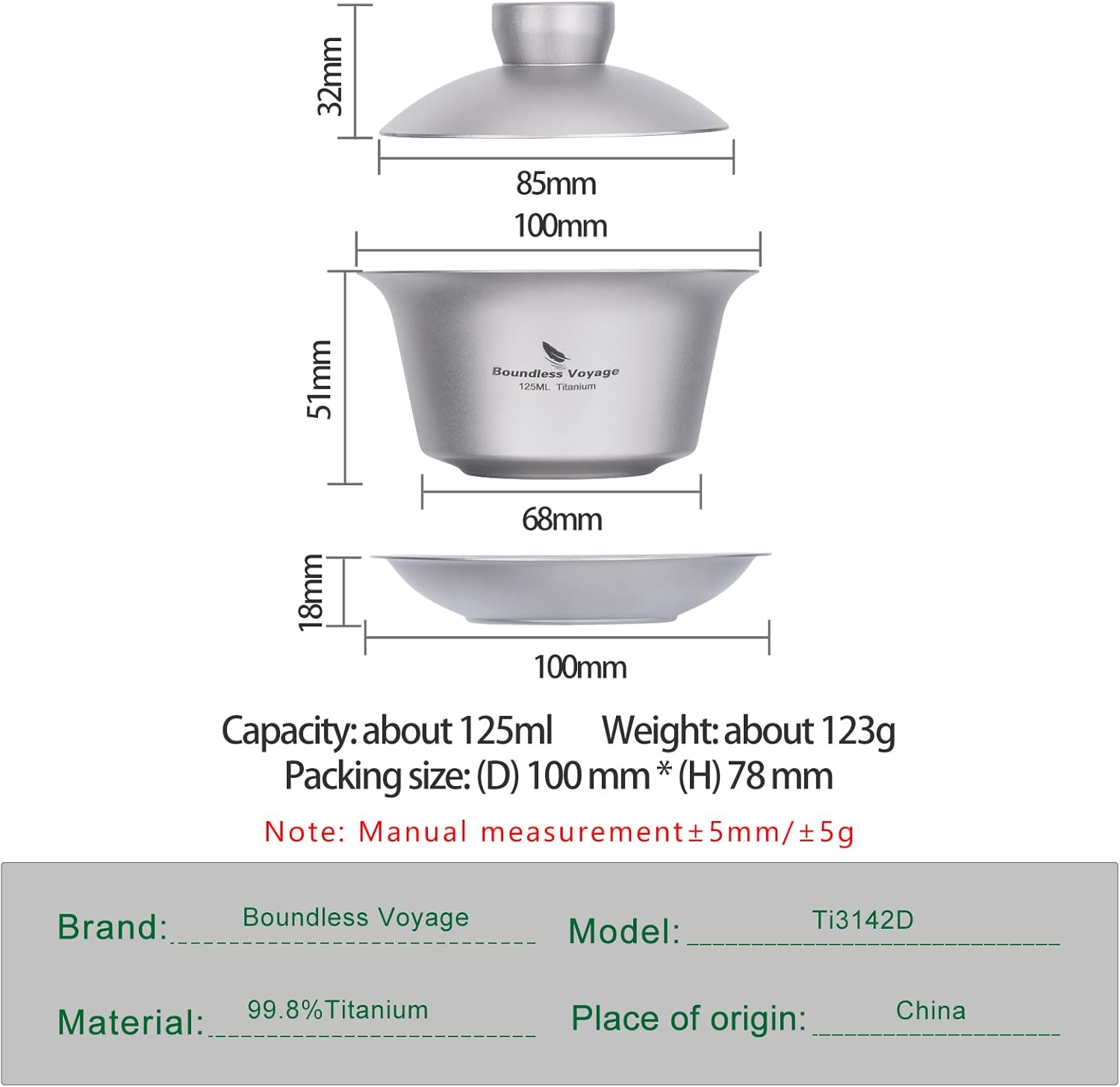 iBasingo 125ml Titanium Gaiwan Kung Fu Teacup with Lid and Saucer Set Lightweight Portable Chinese Traditional Gaiwan Tea Bowl Teacup with Cover Outdoor Camping Tea Set Ti3142D