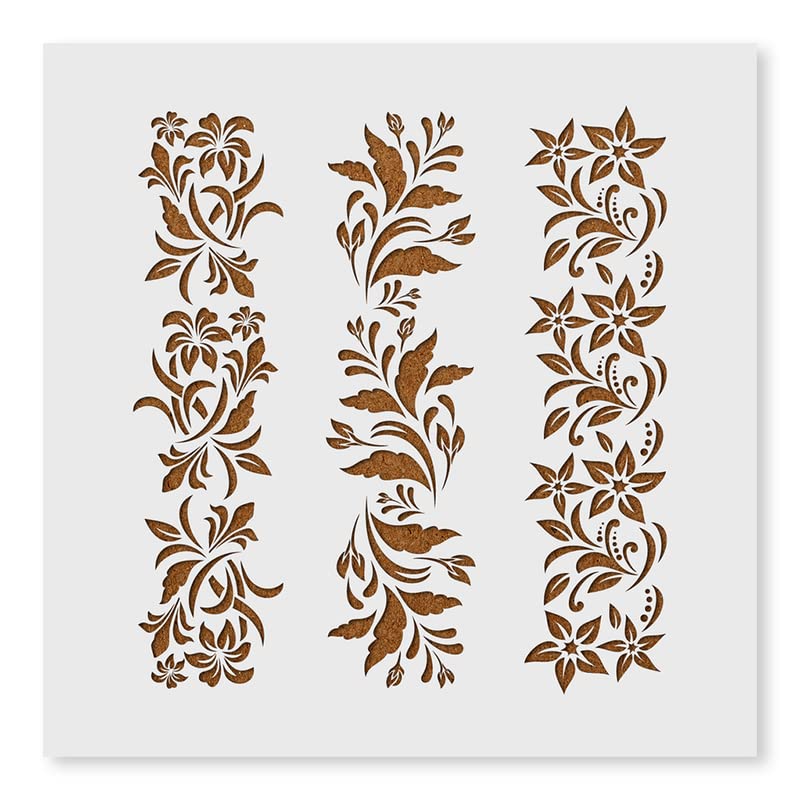 Stencilia Floral Border Design Set of 3 Art and Craft Stencils for Painting Small Size 6x6 inch Reusable Stencil for Painting, Fabric, Glass, Wall Painting, and Craft Painting