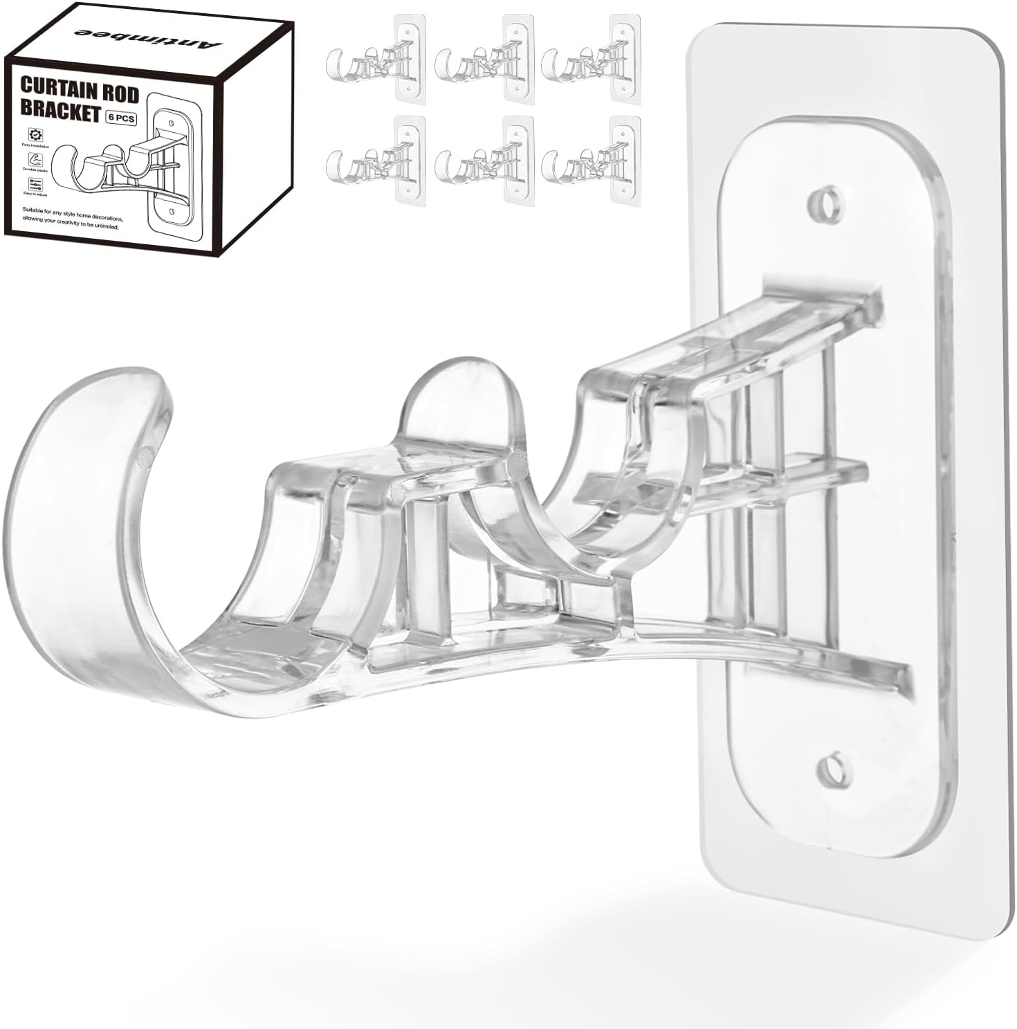 Antimbee 6-Pack Double Curtain Rod Bracket, Adhesive No Drill Curtain Rod Holders, Double Brackets Hooks Easy Stick on, No Drilling Nail Free Pole Hanger for Bathroom, Living Room, Kitchen