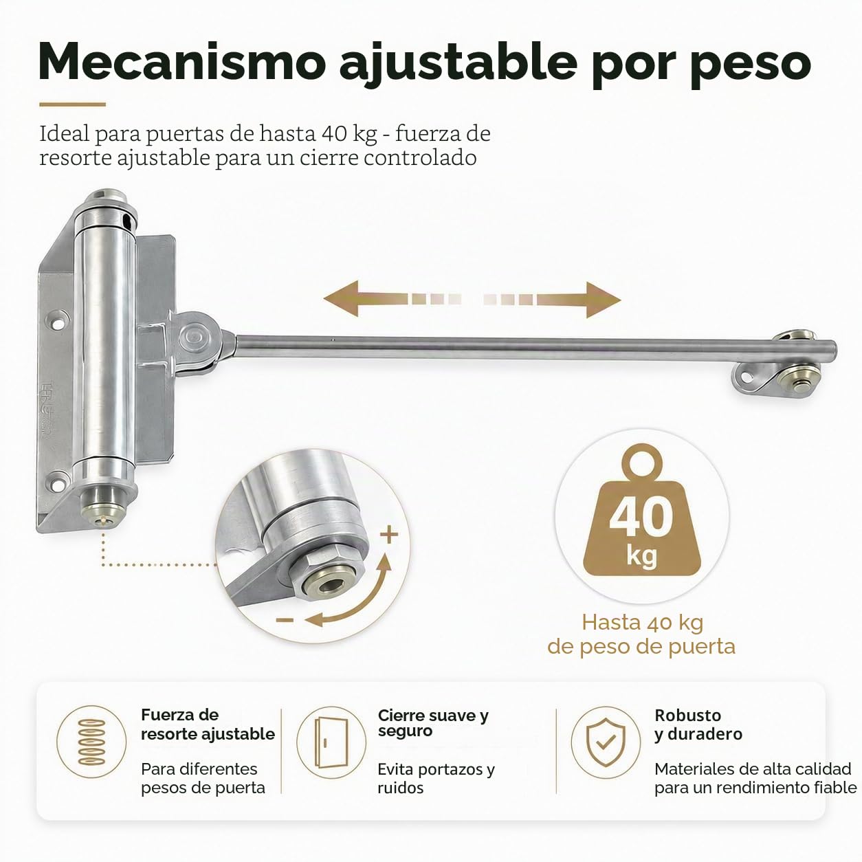 Muelle para puerta de hasta 40 kg – Cierrapuertas de acero galvanizado – Cierrapuertas interior con muelle – Cierre automático plateado para puerta de jardín y puerta de habitación (1 unidad)
