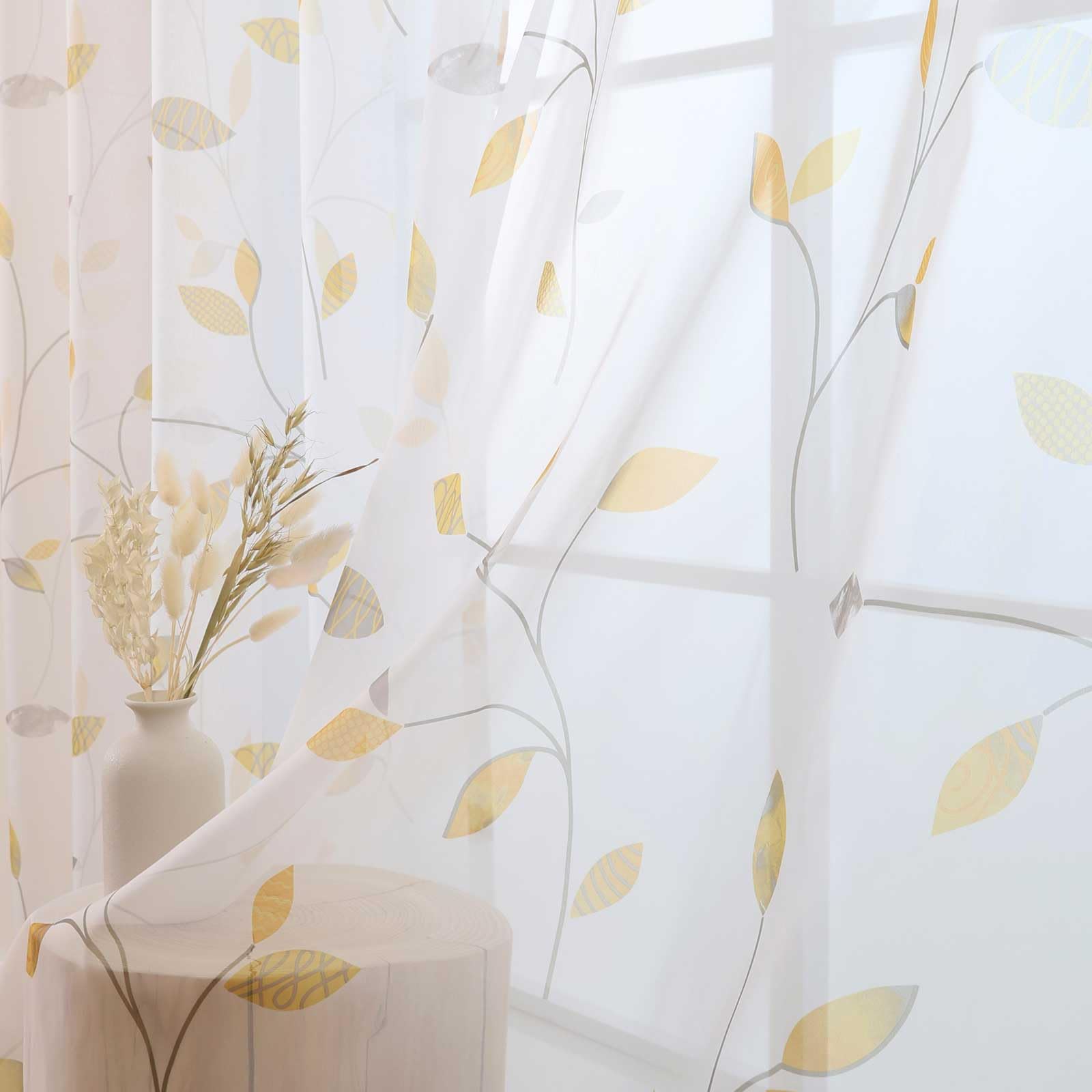 L.Z.E Leaf Sheer Curtains for Living Room 96 Inches Long, Spring Yellow Orange Plant Pattern Elegant White Natural Curtains & Drapes for Bedroom Nursery, Window Treatment Grommet Top, 2 Panels Set