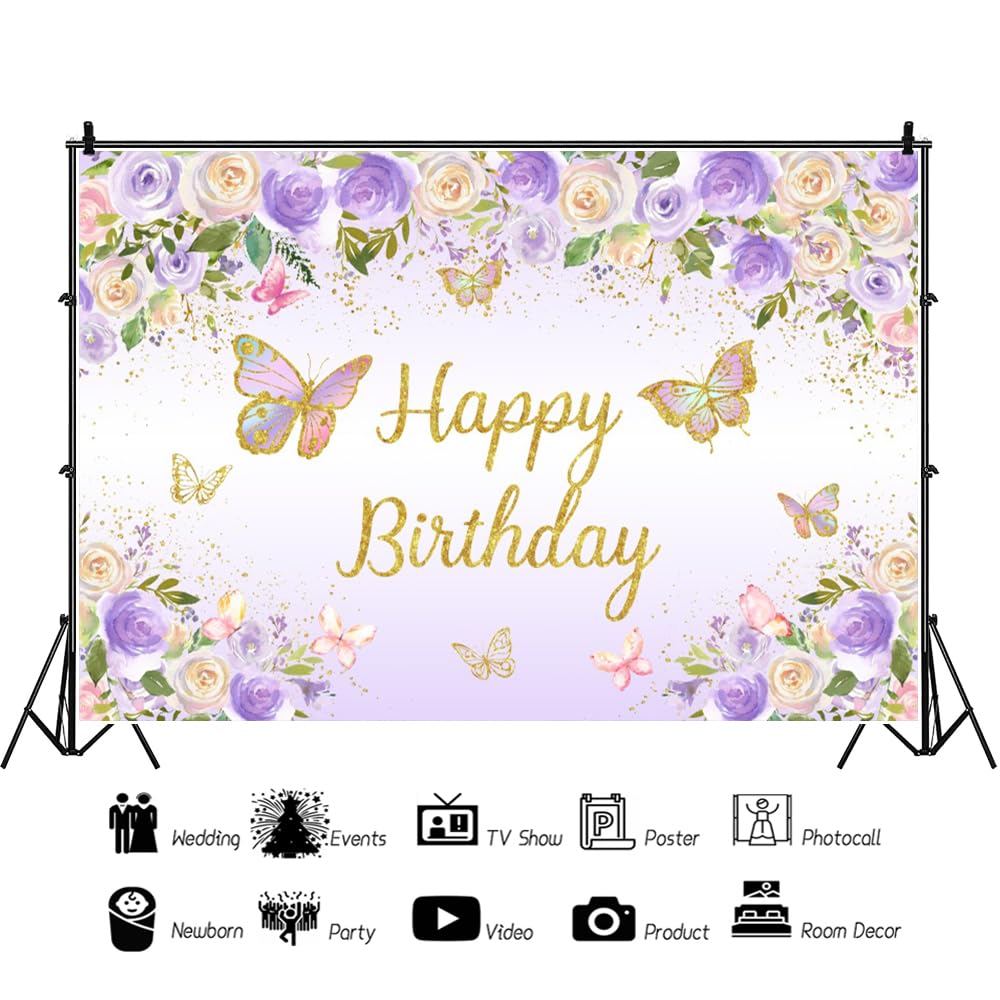Tło "Happy Birthday", dla dziewcząt, fioletowy, motyl, złoty, baner, księżniczka, dziewczyna, urodziny, przyjęcie, ciasto, dekoracje stołowe, materiały eksploatacyjne, rekwizyty do budki