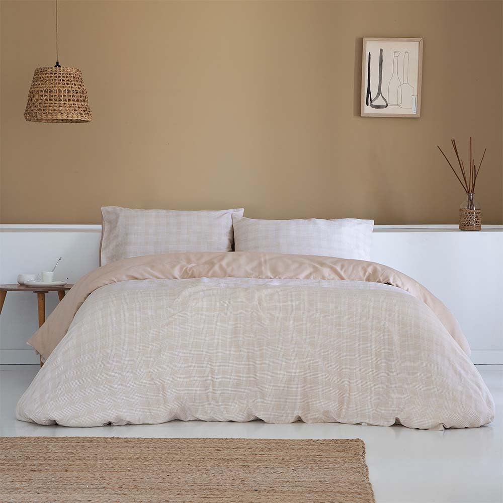 COTTON ARTean Funda Nórdica Cama 150 Satén Algodón 200 Hilos NERVION Beige. Funda edredón 240x220 + 2 Fundas de Almohada. Cierre Botones.