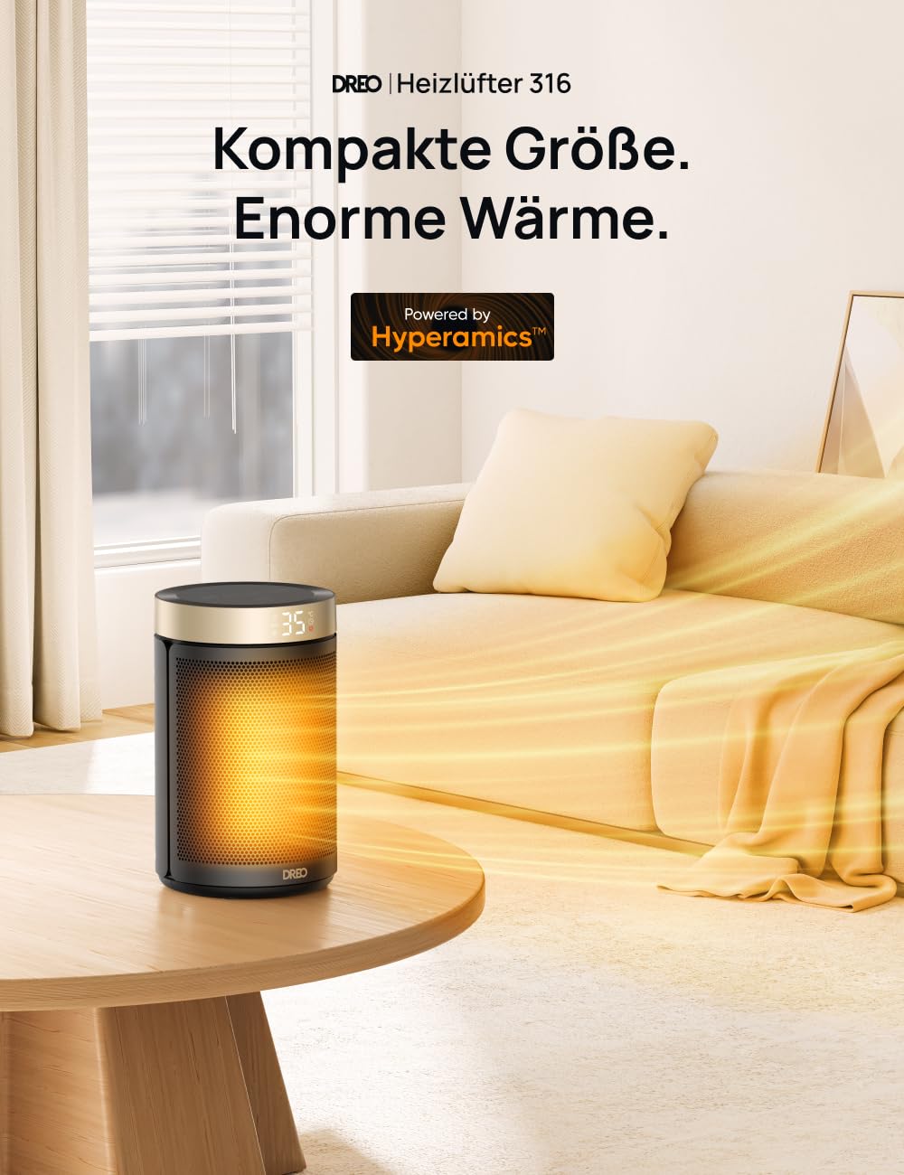 Dreo Energiesparender Heizlüfter 1500W PTC Keramik Thermostat Überhitzungs- & Kippschutz 12 Std. Timer Elektroheizung Gold