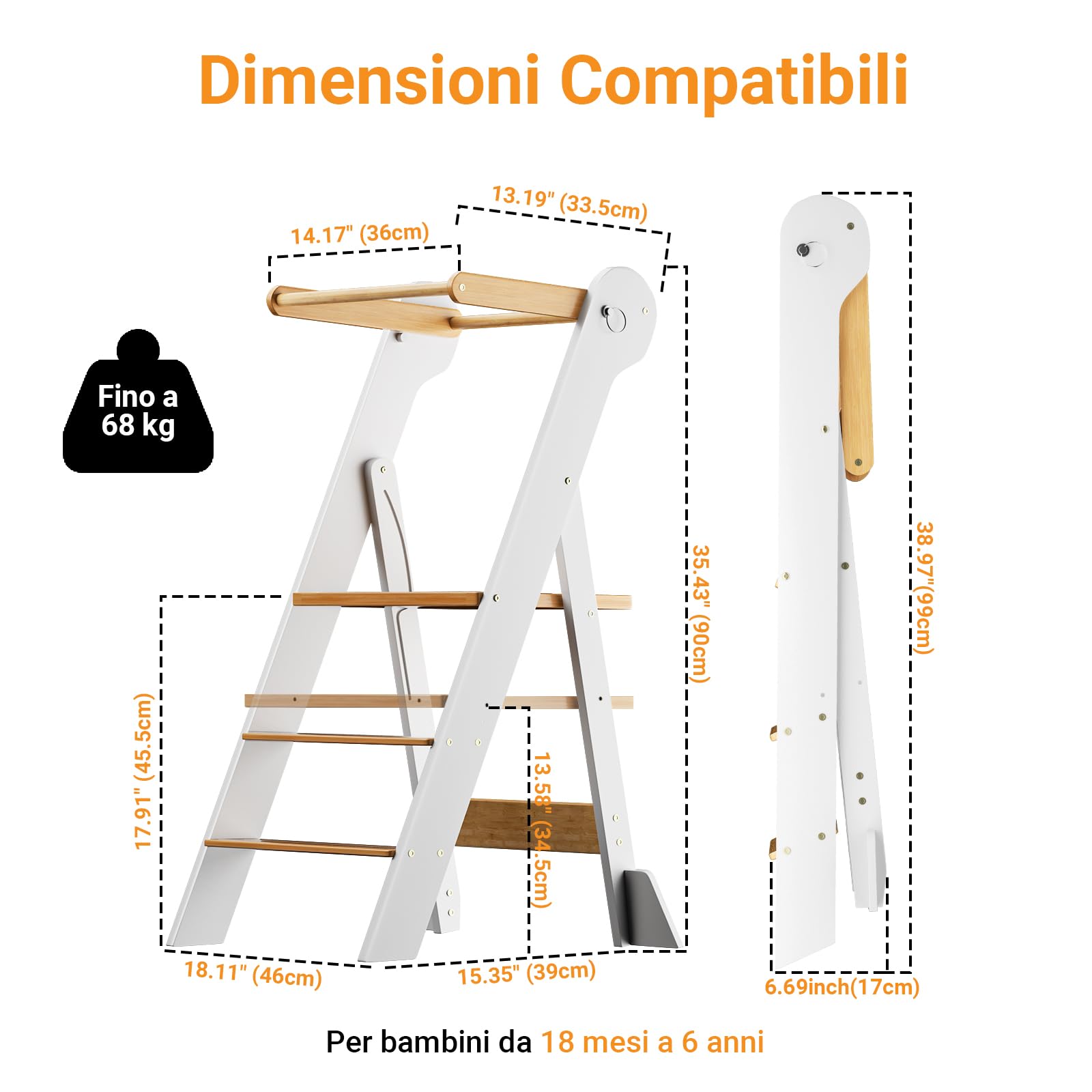 COSYLAND Torre Montessoriana Pieghevole per Bambini – Torre Montessoriana Bambini Regolabile in Altezza, Premontata al 95%, Design Salvaspazio, Ideale per Cucina o Bagno (Bianco e Naturale)