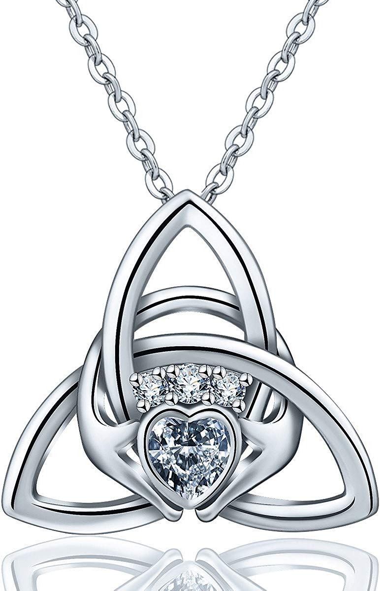 BGTY 925 Sterling Silver Good Luck Irish Claddagh Celtic Knot Love Heart Pendant Necklace for Women Birthday Gift, 18" Rolo Chain