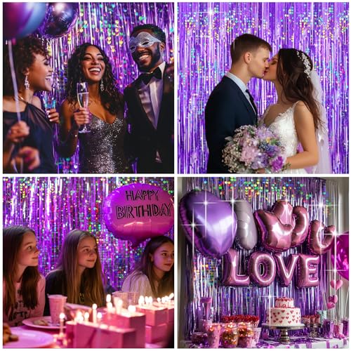 Image of 4 Packs Purple Foil Fringe Curtain, Purple Glitter Metallic Tinsel Backdrop for Birthday, Wedding, Baby Shower, Princess Bachelorette Christmas New Year Party Decorations Supplies