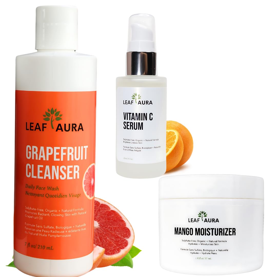 Leaf Aura Daily Skin Care Products Combo- Comes with Cleanser, Vitamin C serum & Mango Moisturizer- Natural + Organic Formula- Made In Canada- For Men & Women (Grapefruit Cleanser)