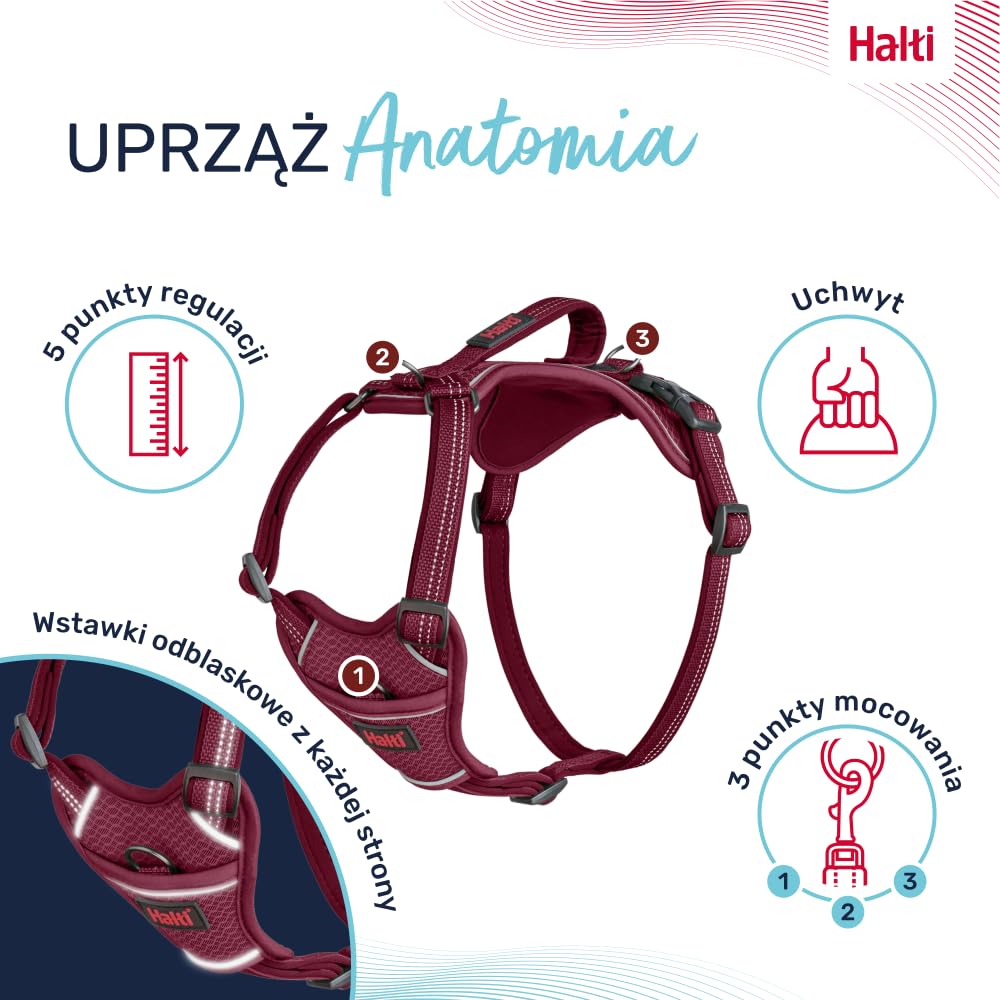 Uprząż dla psa HALTI Anatomy z uchwytem - Zapewnia psu swobodę ruchów i wygodę podczas spacerów. 3 punkty mocowania smyczy, neoprenowa wyściółka, regulowana i odblaskowa (Rozmiar M, Magenta)
