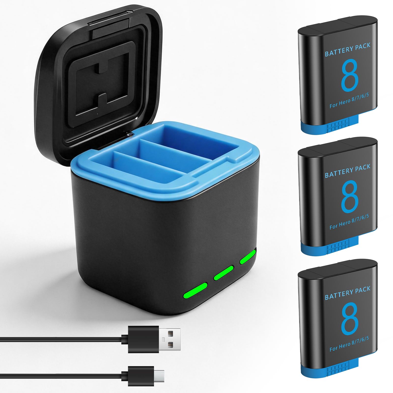 Lot de 3 batteries Hero 8 + chargeur à 3 ports compatibles avec GoPro Hero 8/7/6/5/2018 Noir