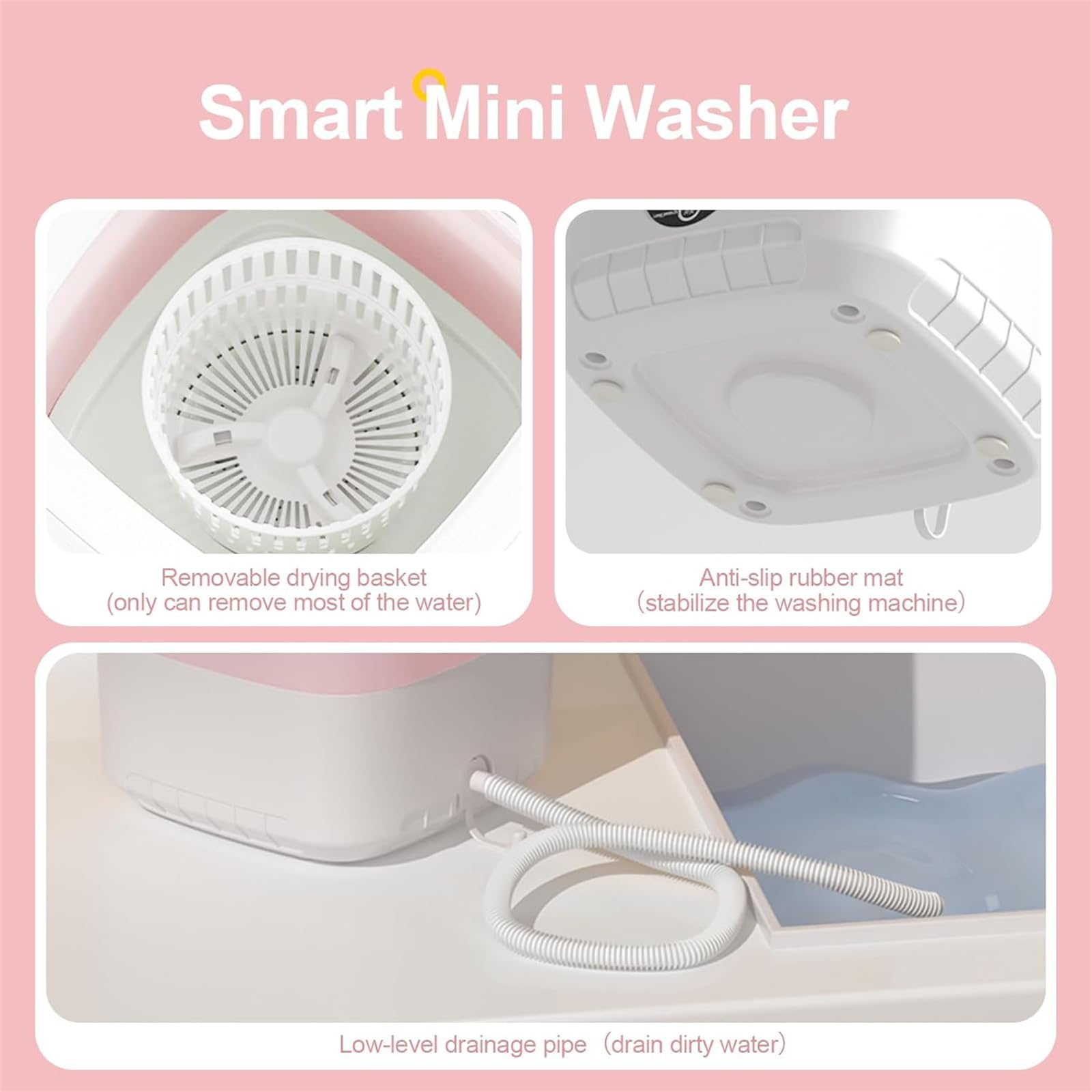 Mini lavatrice da 12 l, lavatrice portatile con cestello di centrifuga rimovibile pieghevole e compatta, 3 modalità tattili per appartamenti, dormitori e campeggio, rosa