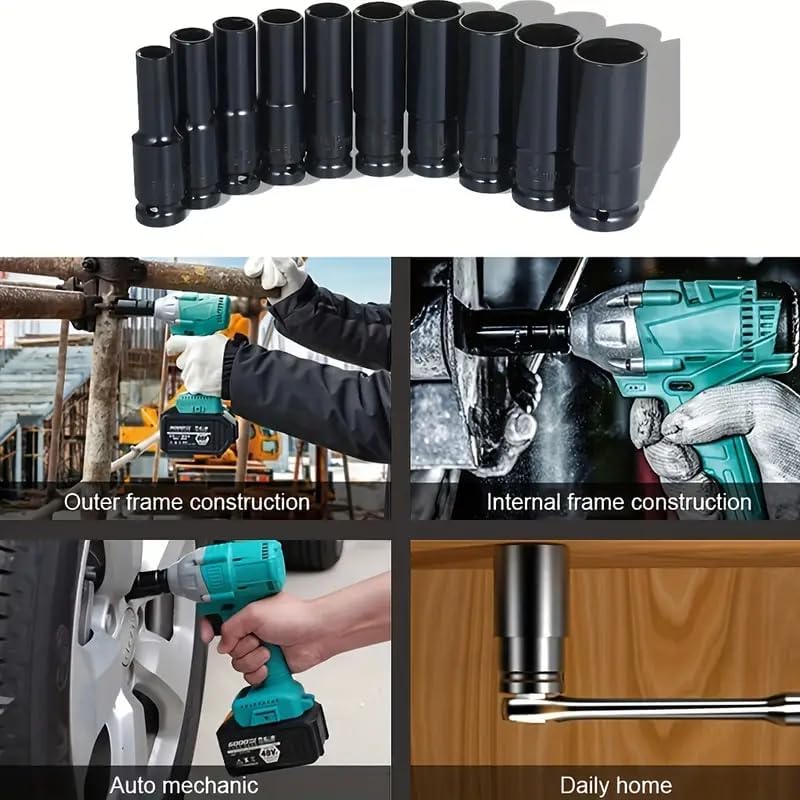 Image of Harboan 10 Pieces 1 /2-Inch Square Drive 78mm Deep Impact Socket Hex Set, 6-Point Standard Metric Sizes CR-V Steel 10mm to 24mm