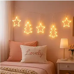 Cascata LED Natalina 4,5m com Estrelas e Árvores de Natal, Luz Branca Quente, Fria ou Colorida, Efeito Piscante, Bivolt, Decoração Interna e Externa, Iluminação Festiva e Durável