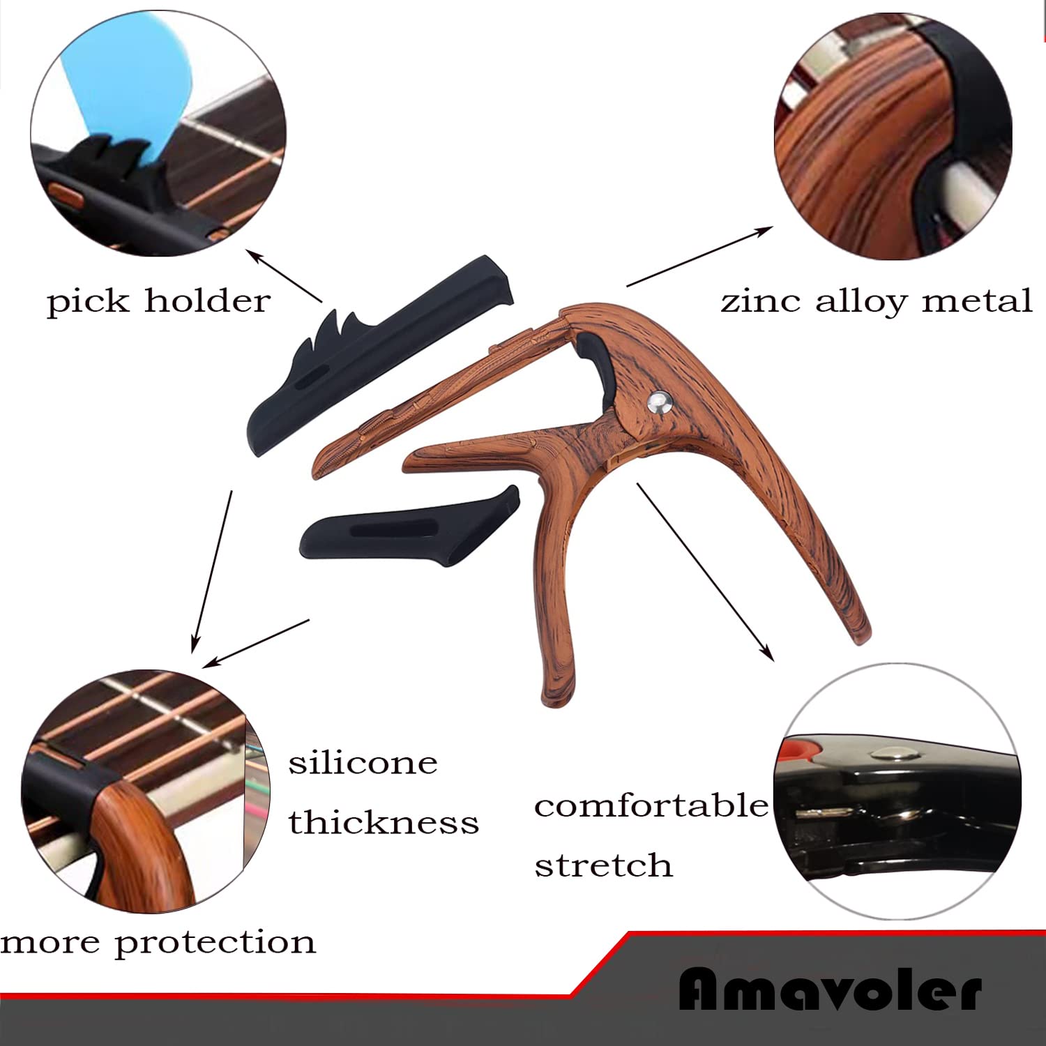 Cejilla de guitarra 2 en 1 con diseño de flamencos de zinc y metal para guitarras acústicas y eléctricas (con soporte para púas y 3 púas), ukelelele, mandolina, banjo, accesorios de