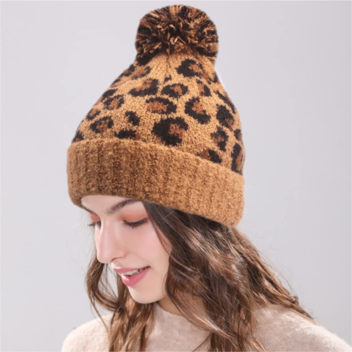Gorro de Lana de Invierno para Mujer, Tejido con Estampado de Leopardo, cálido y Suave, con pompón (Talla única)