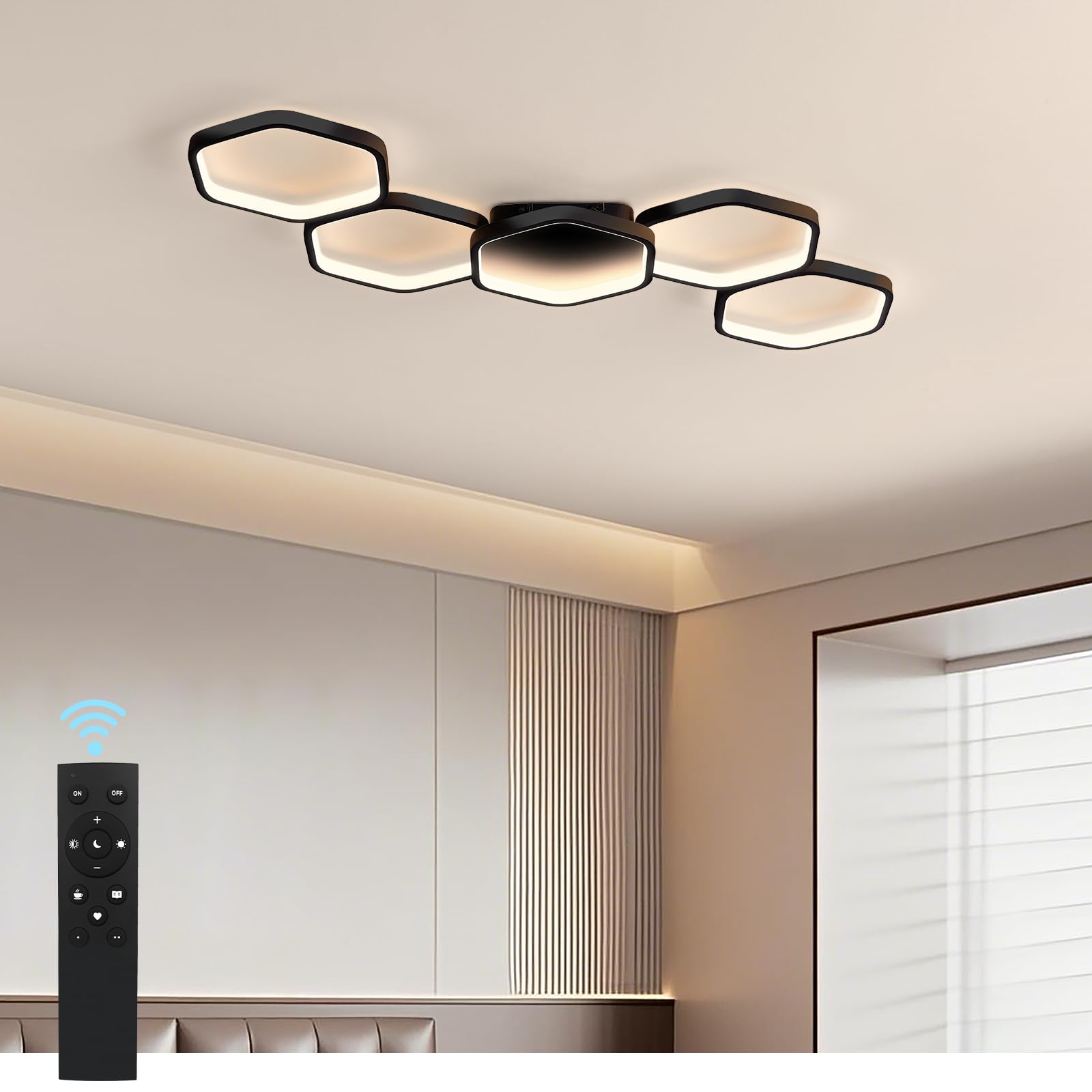 Yuanfenghua LED Deckenleuchte, Deckenlampe Dimmbar mit Fernbedienung Farbwechsel, Wohnzimmerlampe Schlafzimmer moderne Deckenbeleuchtung Kronleuchter Lampe, 90cm, Schwarz