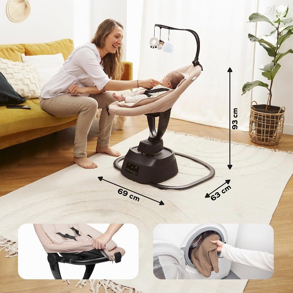 Babymoov Balancín eléctrico bebé Swoon Evolution Mocca - Conectado con aplicación móvil - Streaming musical,grabación de voces,canciones de cuna personalizadas - Asiento de 360°-Reductor recién nacido