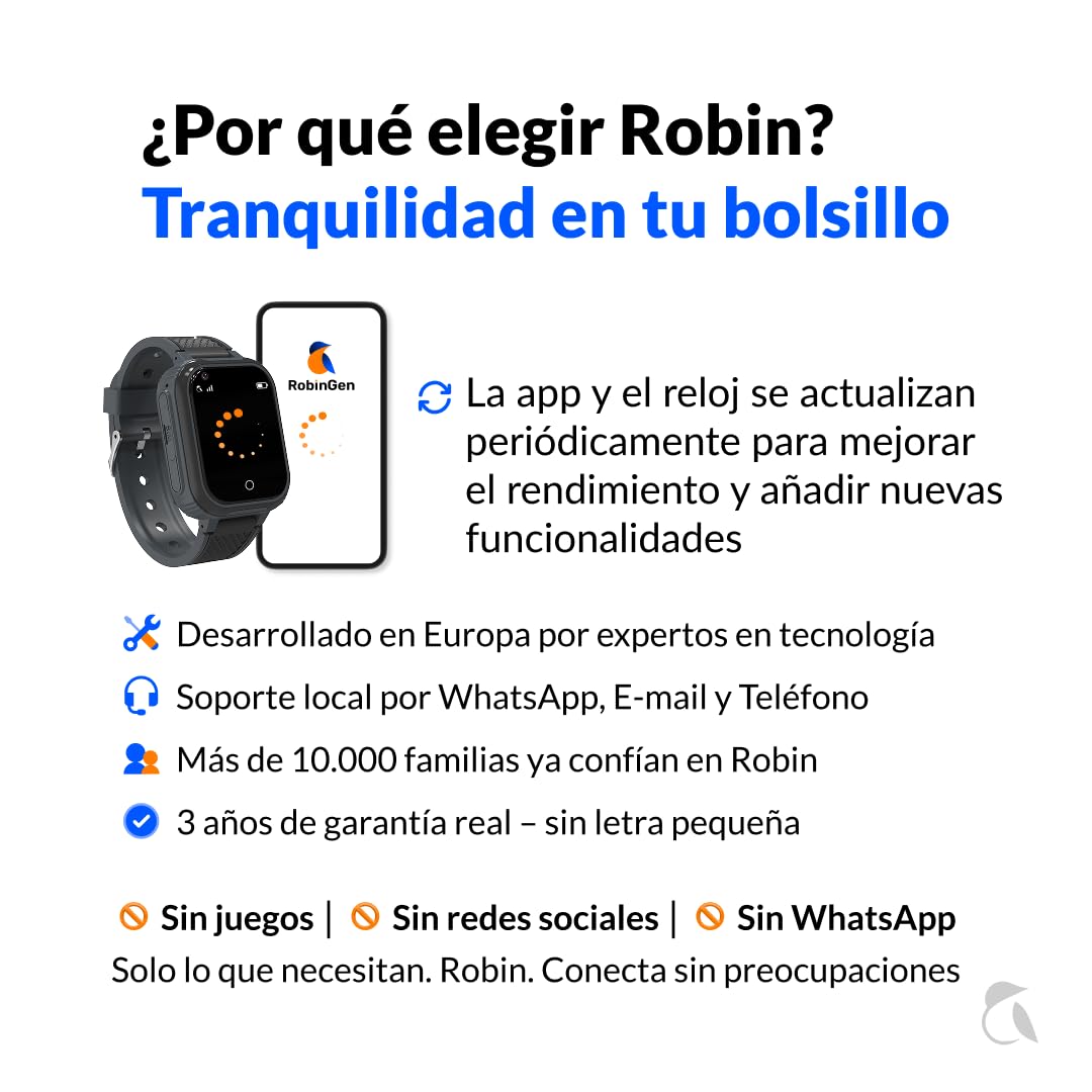 Robin K1 · Reloj GPS niños localizador y Llamadas | Llamadas, Chat Seguro, SOS, Modo Clase, Linterna, Podómetro, App Familiar Robin | Sin Juegos, ni Distracciones, ni Redes Sociales (Sin SIM, Negro)